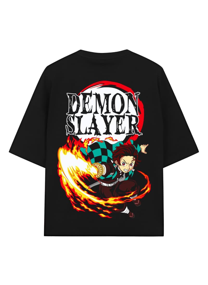 Tanjiro Kamado Hinokami Kagura Oversized Demon Slayer Tshirt – Urban Drip - Black - image 1